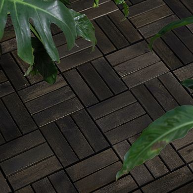 LOHEER 10PCS H Style Acacia Wood Interlocking Deck Tiles Checker Pattern DIY Patio Floor Tiles