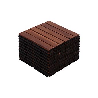 Loheer 10 pc Acacia Wood Deck Tiles Striped Pattern Snap On Flooring For Patio