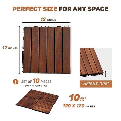 Loheer 10 PCS Acacia Wood Deck Tiles Striped Pattern Snap On Flooring For Patio