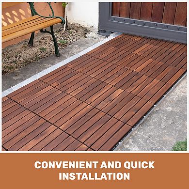 Loheer 10 PCS Acacia Wood Deck Tiles Striped Pattern Snap On Flooring For Patio