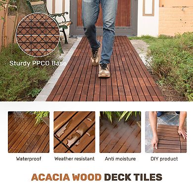 Loheer 10 PCS Acacia Wood Deck Tiles Striped Pattern Snap On Flooring For Patio