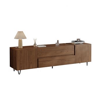 Modern Walnut Tv Stand With Drawers & Cabinets - 70.9" Wide Media Console For Living Room, Storage