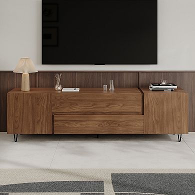 Modern Walnut Tv Stand With Drawers & Cabinets - 70.9" Wide Media Console For Living Room, Storage