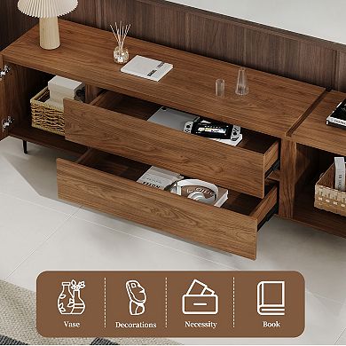 Modern Walnut Tv Stand With Drawers & Cabinets - 70.9" Wide Media Console For Living Room, Storage