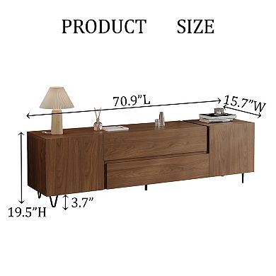 Modern Walnut Tv Stand With Drawers & Cabinets - 70.9" Wide Media Console For Living Room, Storage