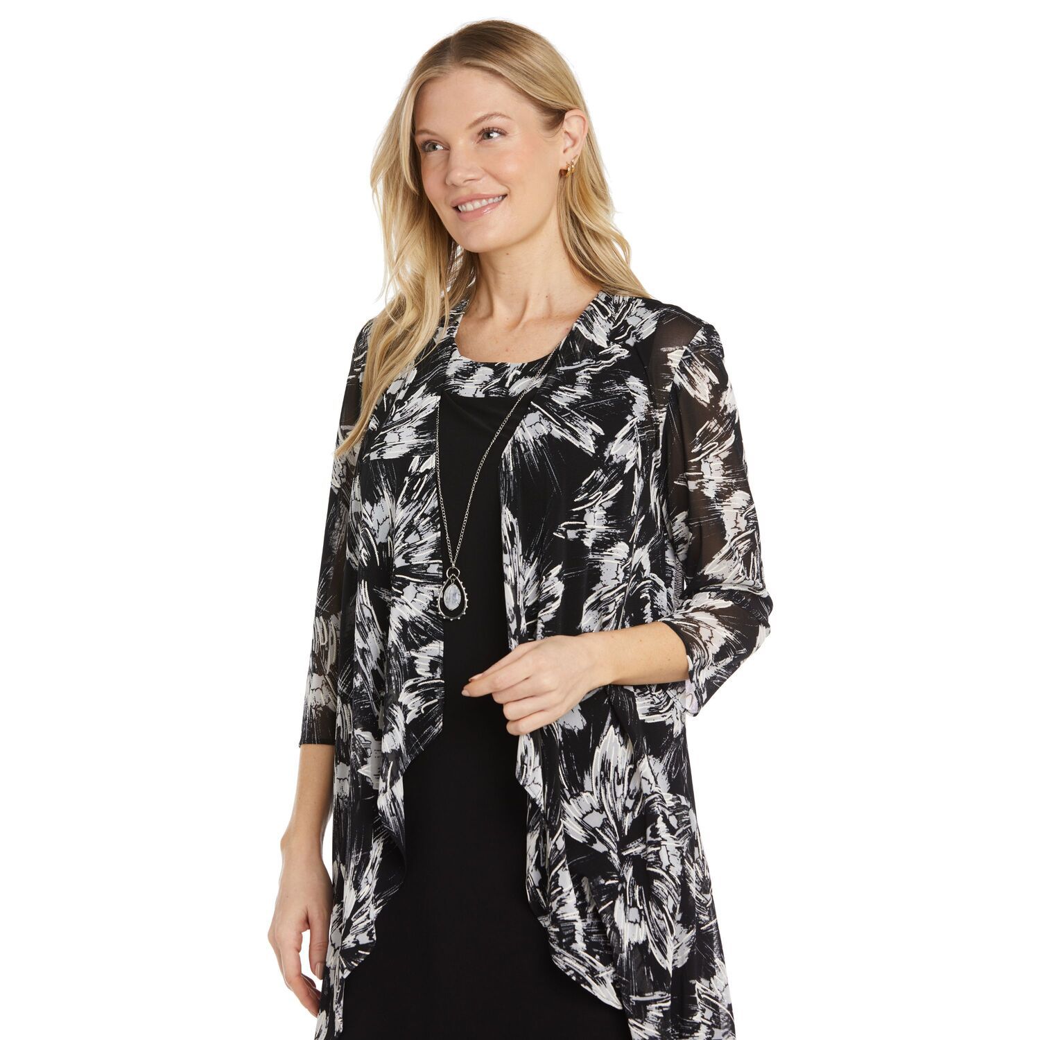 Женские платья R&M Richards Floral Puff Print Power Mesh Jacket, Dress & Necklace 3 pc Set, цвет: Чёрный белый — фото 2