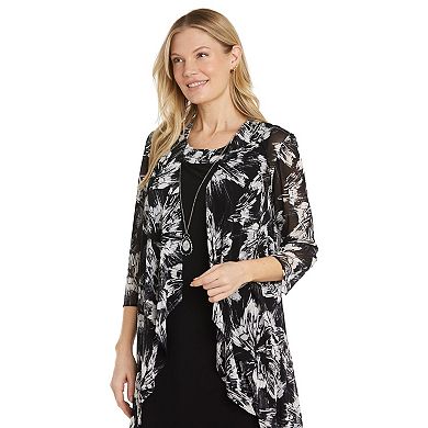 Women's R&M Richards Floral Puff Print Power Mesh Jacket, Dress & Necklace 3-Piece Set