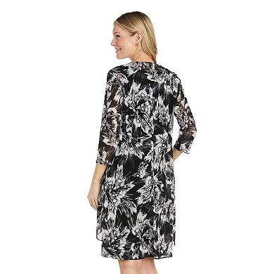 Women's R&M Richards Floral Puff Print Power Mesh Jacket, Dress & Necklace 3-Piece Set