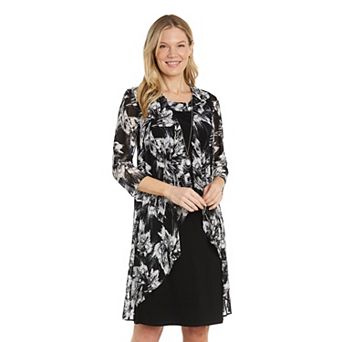 Women's R&M Richards Floral Puff Print Power Mesh Jacket, Dress & Necklace 3 pc Set