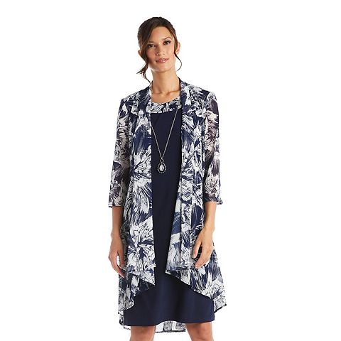 Женские платья R&M Women's R&M Richards Floral Puff Print Power Mesh Jacket, Dress & Necklace 3 pc Set