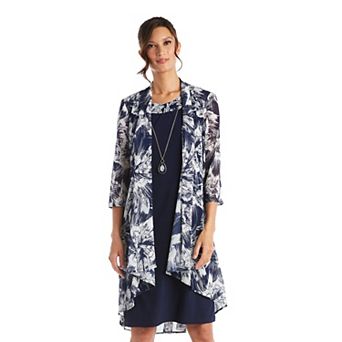 Women's R&M Richards Floral Puff Print Power Mesh Jacket, Dress & Necklace 3 pc Set
