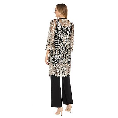 Women's R&M Richards Floral Embroidered Mesh Duster & Pant Set with Detachable Necklace 4-Piece Set