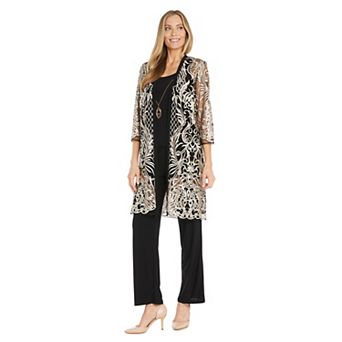 Women's R&M Richards Floral Embroidered Mesh Duster & Pant Set with Detachable Necklace 4 pc Set