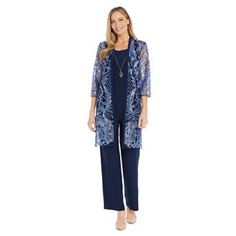 Women's R&M Richards Floral Embroidered Mesh Duster & Pant Set with Detachable Necklace 4 pc Set