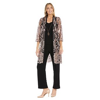 Women's R&M Richards Floral Embroidered Mesh Duster & Pant Set with Detachable Necklace 4 pc Set