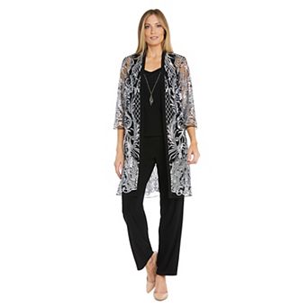 Women's R&M Richards Floral Embroidered Mesh Duster & Pant Set with Detachable Necklace 4 pc Set
