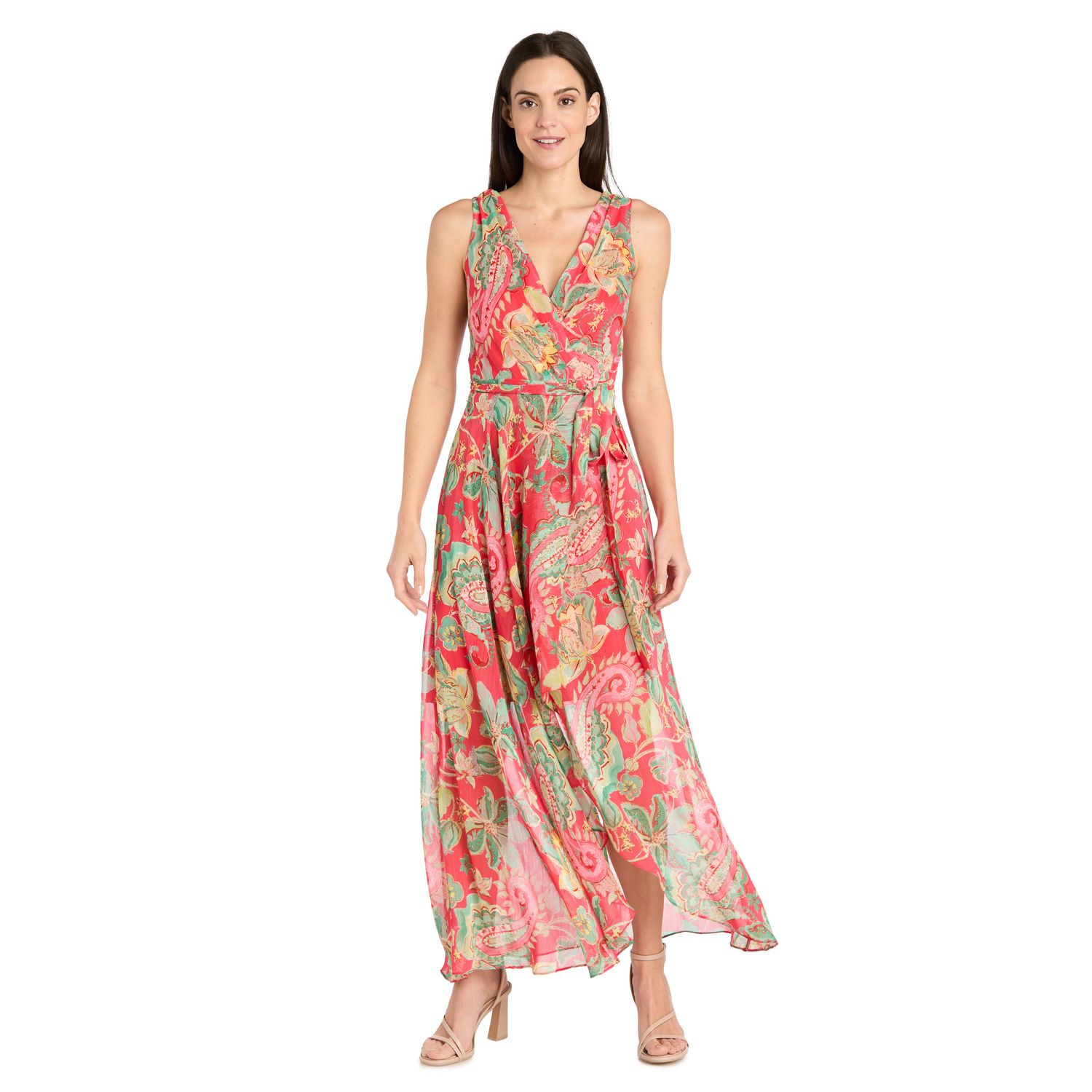 Женские платья R&M Richards Floral Metallic Chiffon Hi-Lo Wrap Dress