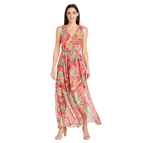 Женские платья R&M Women's R&M Richards Floral Metallic Chiffon Hi-Lo Wrap Dress
