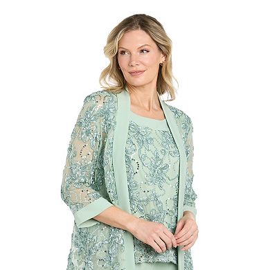 Women's R&M Richards Sequin Embroidered Soutache 3-Piece Mock Jacket & Pantsuit Set