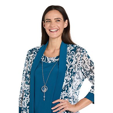 Women's R&M Richards Scroll Print Jacket, Dress & Necklace 3-Piece Set
