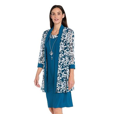 Women's R&M Richards Scroll Print Jacket, Dress & Necklace 3-Piece Set