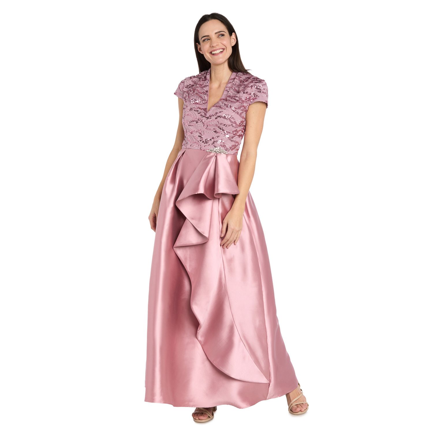Женские платья R&M Richards Embroidered Mesh Side Cascade Evening Gown