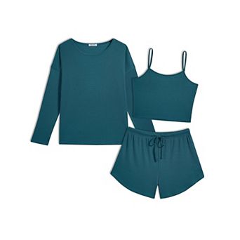 Ekouaer Three Piece Waffle Lounge Set Long Sleeve and Cami Top with Shorts Pajama Sets All Seasons