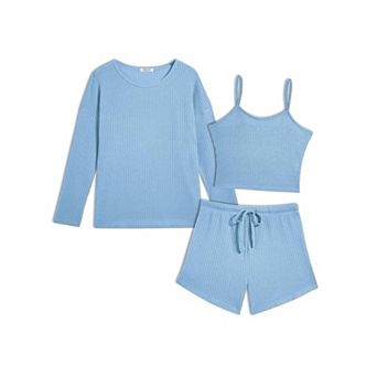 Ekouaer Three Piece Waffle Lounge Set Long Sleeve and Cami Top with Shorts Pajama Sets All Seasons
