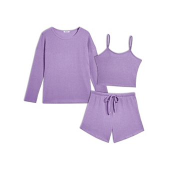 Ekouaer Three Piece Waffle Lounge Set Long Sleeve and Cami Top with Shorts Pajama Sets All Seasons