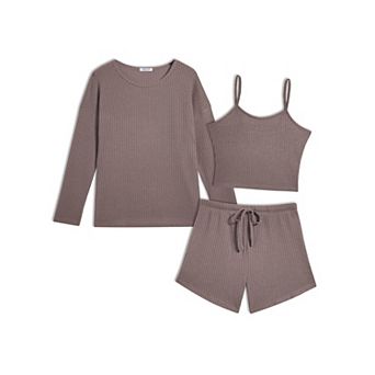 Ekouaer Three Piece Waffle Lounge Set Long Sleeve and Cami Top with Shorts Pajama Sets All Seasons