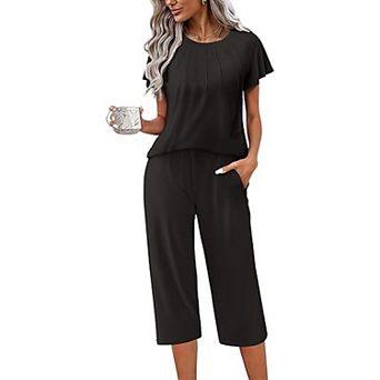 Ekouaer Capri Pajamas Set Women Ruffle Sleeve Top and Capri Pants Soft Sleepwear Loungewear