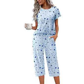 Ekouaer Capri Pajamas Set Women Ruffle Sleeve Top and Capri Pants Soft Sleepwear Loungewear