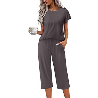 Ekouaer Capri Pajamas Set Women Ruffle Sleeve Top and Capri Pants Soft Sleepwear Loungewear
