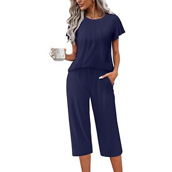 Ekouaer Capri Pajamas Set Women Ruffle Sleeve Top and Capri Pants Soft Sleepwear Loungewear