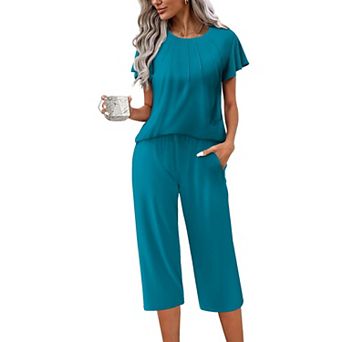 Ekouaer Capri Pajamas Set Women Ruffle Sleeve Top and Capri Pants Soft Sleepwear Loungewear