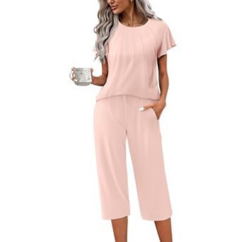 Ekouaer Capri Pajamas Set Women Ruffle Sleeve Top and Capri Pants Soft Sleepwear Loungewear