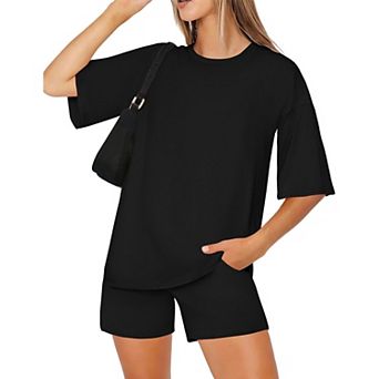 Ekouaer Women Two Piece Set Oversized Boxy T shirt Casual Short Sets Summer Travel Matching Fashion