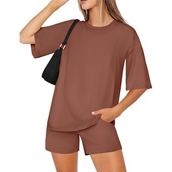Ekouaer Women Two Piece Set Oversized Boxy T shirt Casual Short Sets Summer Travel Matching Fashion