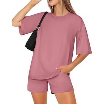 Ekouaer Women Two Piece Set Oversized Boxy T shirt Casual Short Sets Summer Travel Matching Fashion