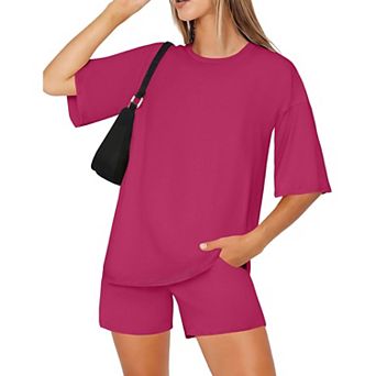 Ekouaer Women Two Piece Set Oversized Boxy T shirt Casual Short Sets Summer Travel Matching Fashion