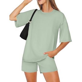 Ekouaer Women Two Piece Set Oversized Boxy T shirt Casual Short Sets Summer Travel Matching Fashion