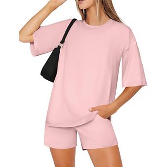 Ekouaer Women Two Piece Set Oversized Boxy T shirt Casual Short Sets Summer Travel Matching Fashion