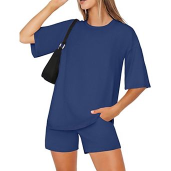 Ekouaer Women Two Piece Set Oversized Boxy T shirt Casual Short Sets Summer Travel Matching Fashion