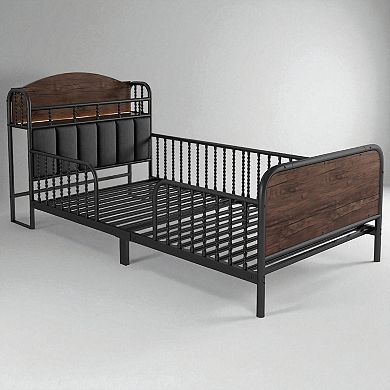 Lufeiya kid Twin Size Metal Platform Bed with LED Lights,Upholstered Headboard and Storage Shelf