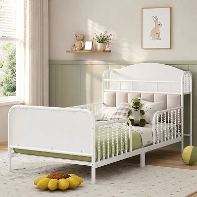 Lufeiya kid Twin Size Metal Platform Bed with LED Lights,Upholstered Headboard and Storage Shelf