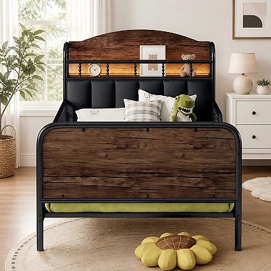Lufeiya kid Twin Size Metal Platform Bed with LED Lights,Upholstered Headboard and Storage Shelf