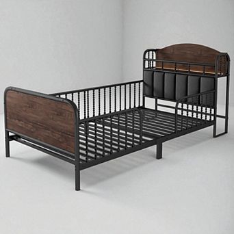 Lufeiya kid Twin Size Metal Platform Bed with LED Lights,Upholstered Headboard and Storage Shelf