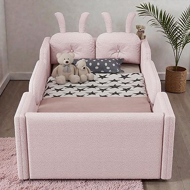 Lufeiya Kids Twin Upholstered Platform Bed with Rabbit Cushions with Removable Safety Rails