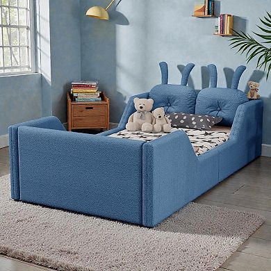 Lufeiya Kids Twin Upholstered Platform Bed with Rabbit Cushions with Removable Safety Rails