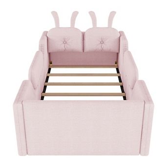 Lufeiya Kids Twin Upholstered Platform Bed with Rabbit Cushions with Removable Safety Rails